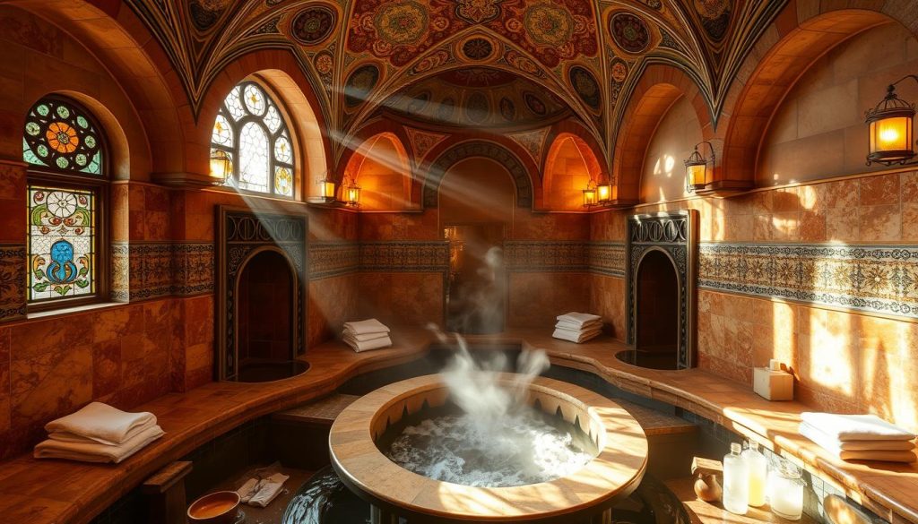 A traditional Turkish hammam (bath) with ornate arched ceilings, intricate tile patterns, and warm ambient lighting. Steaming hot water flows into a central marble basin, surrounded by private alcoves for washing rituals. Sunlight filters through stained glass windows, casting a soft, golden glow. Plush towels, fragrant soaps, and soothing herbal teas complete the serene, tranquil atmosphere, transporting the viewer to the timeless charm of this centuries-old cultural heritage.