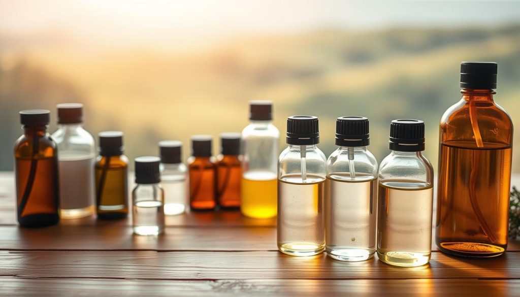 A tranquil, ethereal scene showcasing the art of blending and diluting essential oils for aromatherapy. In the foreground, an array of glass bottles containing various carrier oils and essential oils, meticulously arranged. The middle ground features a wooden surface, its warm tones complementing the natural hues of the oils. Soft, diffused lighting casts a serene glow, creating a calming atmosphere. In the background, a blurred, serene landscape suggests the therapeutic, nature-inspired essence of the practice. The overall composition evokes a sense of balance, harmony, and the thoughtful integration of aromatic elements. A tranquil, ethereal scene showcasing the art of blending and diluting essential oils for aromatherapy. In the foreground, an array of glass bottles containing various carrier oils and essential oils, meticulously arranged. The middle ground features a wooden surface, its warm tones complementing the natural hues of the oils. Soft, diffused lighting casts a serene glow, creating a calming atmosphere. In the background, a blurred, serene landscape suggests the therapeutic, nature-inspired essence of the practice. The overall composition evokes a sense of balance, harmony, and the thoughtful integration of aromatic elements.