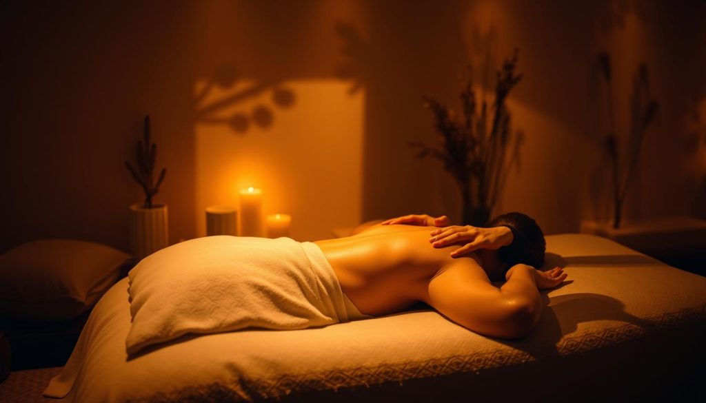 A tranquil massage studio, dimly lit with warm, golden illumination. Plush, oversized cushions invite the recipient to sink into a state of deep relaxation. Hands glide effortlessly over skin, fingers tracing intricate patterns - from the soothing effleurage to the more intense petrissage. Aromatic oils infuse the air, their scents evoking a sense of calm. The massage therapist's movements are fluid and purposeful, tailored to the individual's needs. Soft, ambient music weaves a meditative atmosphere, as the recipient drifts into a peaceful, meditative state. Shadows dance across the walls, echoing the rhythm of the massage, creating a serene, sensorial experience.