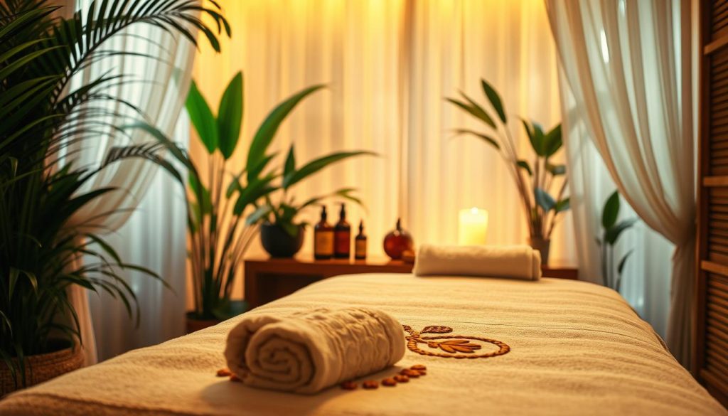 A tranquil, softly lit spa setting with an ornate massage table in the foreground. Lush, verdant plants and gently swaying curtains frame the scene, creating a serene, natural ambiance. Soft, warm lighting casts a golden glow, accentuating the textures of the massage oils, plush towels, and wooden accents. The atmosphere is one of deep relaxation, with a focus on the restorative and therapeutic effects of the aromatherapy massage experience.