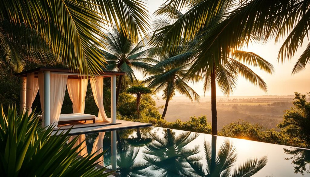 A tranquil wellness retreat nestled in a lush, verdant oasis, bathed in warm, golden sunlight filtering through towering palm fronds. In the foreground, a luxurious, minimalist cabana with crisp, clean lines invites guests to indulge in a rejuvenating post-pandemic wellness experience. The middle ground showcases a serene reflection pool, its still waters mirroring the surrounding greenery. In the background, a panoramic vista of rolling hills and distant mountains creates a sense of peaceful isolation, transporting visitors to a world of balance and harmony. The overall atmosphere evokes a restorative, holistic approach to wellbeing, where urban stresses melt away, allowing for a deep connection with nature and the self. A tranquil wellness retreat nestled in a lush, verdant oasis, bathed in warm, golden sunlight filtering through towering palm fronds. In the foreground, a luxurious, minimalist cabana with crisp, clean lines invites guests to indulge in a rejuvenating post-pandemic wellness experience. The middle ground showcases a serene reflection pool, its still waters mirroring the surrounding greenery. In the background, a panoramic vista of rolling hills and distant mountains creates a sense of peaceful isolation, transporting visitors to a world of balance and harmony. The overall atmosphere evokes a restorative, holistic approach to wellbeing, where urban stresses melt away, allowing for a deep connection with nature and the self.