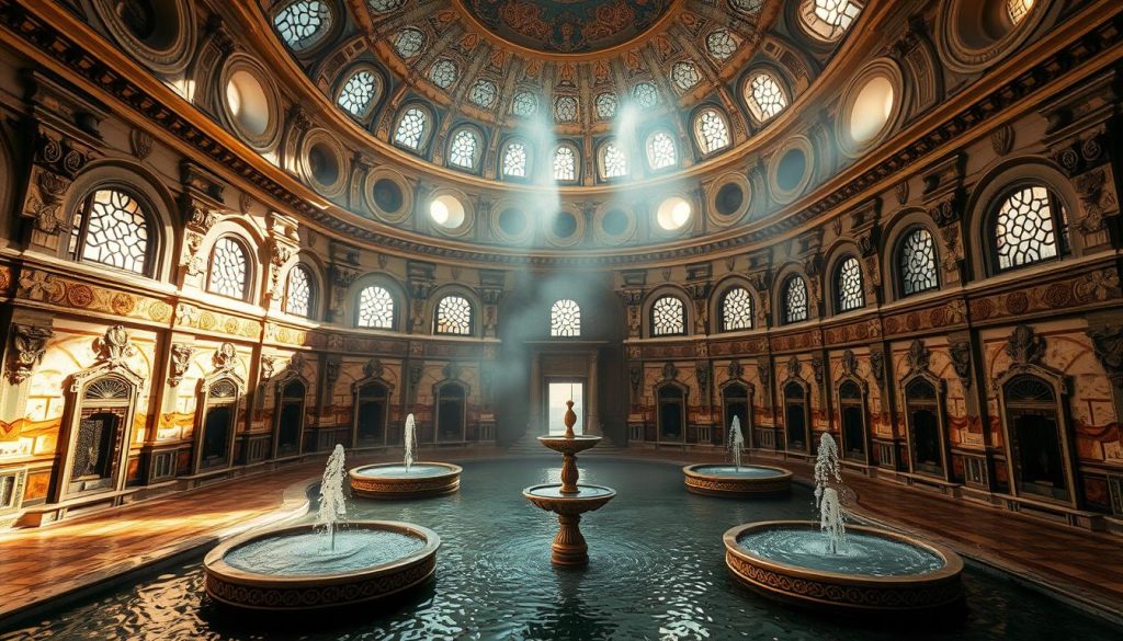 A vast, domed chamber of ornate marble, intricate tilework, and cascading steam. Warm hues bathe the space, a tranquil oasis amidst the bustling city. Sunlight filters through intricate windows, casting a soft, atmospheric glow. The air is thick with the soothing scent of essential oils, enveloping the senses. Sunken pools and ornate fountains dot the periphery, inviting visitors to indulge in the centuries-old tradition of the Turkish hamam. This historic space, a testament to the city's rich cultural heritage, now blends seamlessly with the modern comforts of a luxurious spa experience. A vast, domed chamber of ornate marble, intricate tilework, and cascading steam. Warm hues bathe the space, a tranquil oasis amidst the bustling city. Sunlight filters through intricate windows, casting a soft, atmospheric glow. The air is thick with the soothing scent of essential oils, enveloping the senses. Sunken pools and ornate fountains dot the periphery, inviting visitors to indulge in the centuries-old tradition of the Turkish hamam. This historic space, a testament to the city's rich cultural heritage, now blends seamlessly with the modern comforts of a luxurious spa experience.