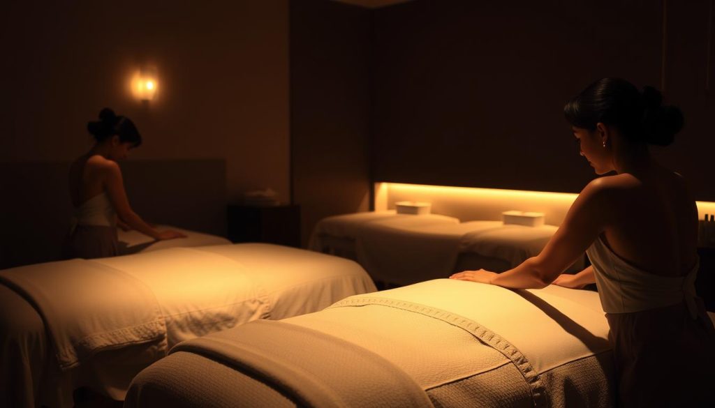 A cozy, dimly lit room showcases the graceful silhouettes of female massage therapists, their skilled hands kneading away the day's tensions. Soft lighting casts a warm, intimate glow, creating an atmosphere of tranquility and relaxation. The scene evokes a sense of personalized care, where each individual client is the focus of the masseuse's undivided attention. The arrangement of massage tables and accessories suggests a boutique, bespoke experience, tailored to the unique needs of each guest. The overall impression is one of luxury, exclusivity, and the power of human touch to soothe and rejuvenate. A cozy, dimly lit room showcases the graceful silhouettes of female massage therapists, their skilled hands kneading away the day's tensions. Soft lighting casts a warm, intimate glow, creating an atmosphere of tranquility and relaxation. The scene evokes a sense of personalized care, where each individual client is the focus of the masseuse's undivided attention. The arrangement of massage tables and accessories suggests a boutique, bespoke experience, tailored to the unique needs of each guest. The overall impression is one of luxury, exclusivity, and the power of human touch to soothe and rejuvenate.