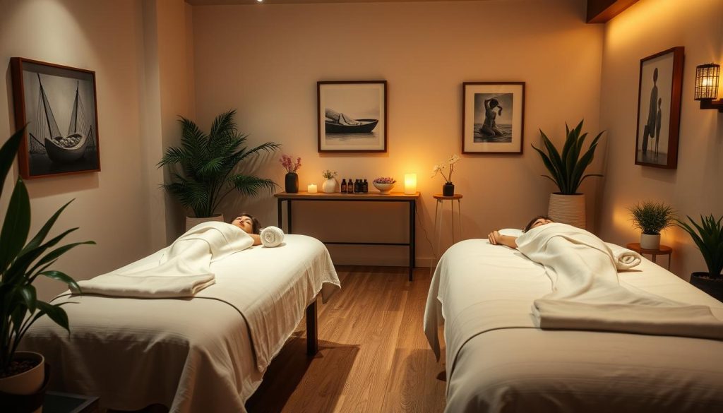A cozy, intimate boutique massage studio in the heart of Ortaköy, Istanbul. Soft, warm lighting sets the mood as clients sink into plush, luxurious massage tables. Potted plants and soothing artwork adorn the walls, creating a serene, tranquil atmosphere. The scent of essential oils lingers in the air, enveloping the space. Gentle music plays in the background, guiding clients into a state of deep relaxation. The studio's minimalist, refined design exudes an air of sophisticated comfort, offering a much-needed escape from the bustling city outside.