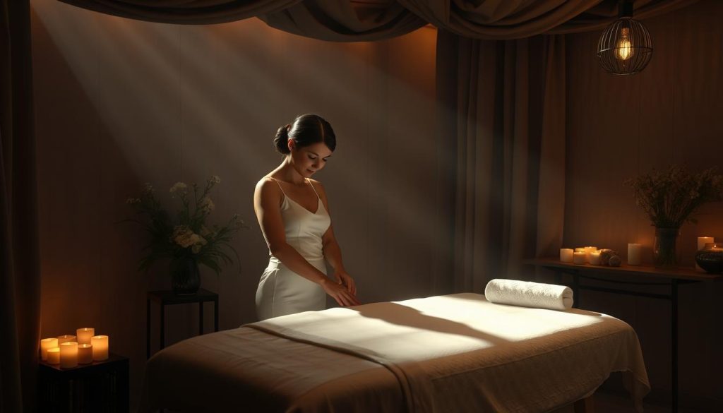 A dimly lit massage studio in the heart of Istanbul, adorned with plush fabrics and warm lighting. The masseuse, a true master of her craft, stands poised, her skilled hands ready to work their magic. The massage table, a canvas of tranquility, awaits the client, who will soon surrender to the rhythmic kneading and soothing strokes that harmonize with the city's heartbeat. Soft shadows dance across the walls, creating an atmosphere of relaxation and renewal. The scent of essential oils permeates the air, enveloping the senses and transporting the visitor to a realm of pure indulgence. This is the essence of Istanbul's masseuse expertise, a symphony of touch and technique that resonates with the very soul of the city.