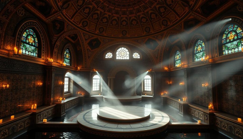 A grand, domed Ottoman-style hamam with intricate architectural details, dimly lit by warm, flickering candlelight. The central marble platform is surrounded by ornate alcoves and arches, with steam gently rising from the heated pools. The walls are adorned with mosaic tiles in rich hues of blue, green, and gold, creating a sense of timeless elegance. Sunlight filters through stained glass windows, casting a soft, ethereal glow throughout the space. The atmosphere is one of tranquility and rejuvenation, evoking the historical masaj and hamam culture that has been a cherished tradition in Istanbul for centuries. A grand, domed Ottoman-style hamam with intricate architectural details, dimly lit by warm, flickering candlelight. The central marble platform is surrounded by ornate alcoves and arches, with steam gently rising from the heated pools. The walls are adorned with mosaic tiles in rich hues of blue, green, and gold, creating a sense of timeless elegance. Sunlight filters through stained glass windows, casting a soft, ethereal glow throughout the space. The atmosphere is one of tranquility and rejuvenation, evoking the historical masaj and hamam culture that has been a cherished tradition in Istanbul for centuries.