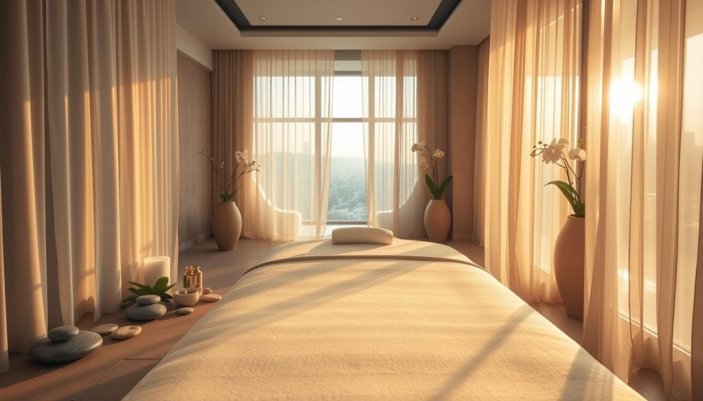 A luxurious Istanbul spa, bathed in warm, golden light filtering through sheer curtains. In the foreground, a sleek, modern massage table awaits, its crisp, white linens inviting. Surrounding it, an array of soothing, natural elements - polished river stones, fragrant eucalyptus, and delicate orchids. The middle ground reveals a serene, minimalist decor, with subtle Turkish accents and muted tones that create a calming, sophisticated ambiance. In the background, a glimpse of the city skyline through large windows, hinting at the urban bustle beyond the tranquil oasis. The overall mood is one of relaxation, pampering, and the perfect blend of modern and traditional.