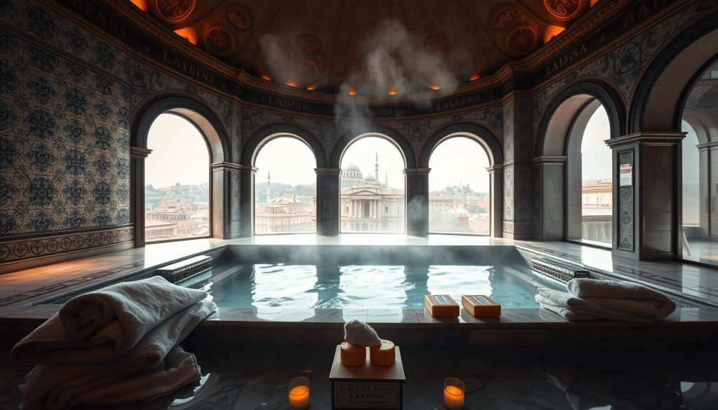 A luxurious Turkish hamam experience in the heart of Istanbul. The dimly lit interior features ornate tile work and domed ceilings, casting a warm glow across the marble surfaces. Steam wisps gently through the air, filling the space with a soothing, aromatic atmosphere. In the foreground, a sunken bath with crystal-clear water reflects the ornate architectural details. Plush towels and aromatic soaps are neatly arranged, inviting visitors to immerse themselves in the tranquil, restorative ritual. The background showcases the historic cityscape visible through arched windows, blending the traditional and contemporary elements of this exclusive spa retreat.