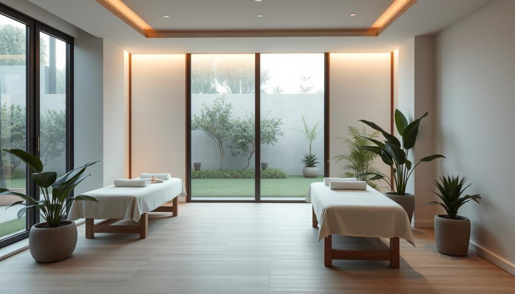 A minimalist, luxurious boutique massage studio in Istanbul. The space is filled with natural light, with large windows overlooking a serene garden. The decor is sparse and elegant, featuring clean lines, neutral tones, and high-quality natural materials like wood, stone, and linen. Soft ambient lighting creates a calming atmosphere. The massage tables are nestled in private alcoves, providing a sense of seclusion and tranquility. Lush greenery and potted plants add pops of organic life, complementing the serene, understated aesthetic. The overall impression is one of refined simplicity and unparalleled sophistication.