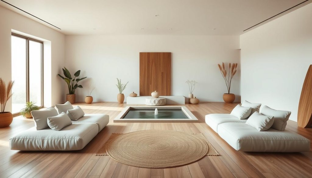 A minimalist, serene spa interior design with natural materials and earthy tones. A spacious and airy room, bathed in soft, diffused lighting from large windows. Smooth, wooden floors, clean white walls, and simple, geometric furniture create a calming, meditative atmosphere. Plush, oversized seating invites guests to sink into deep relaxation. A central water feature, such as a minimalist fountain or reflecting pool, adds a soothing, ambient sound. Textured, natural accents like potted plants, woven rugs, and stone elements ground the space, evoking a sense of harmony and balance. An enveloping, tranquil ambiance that prioritizes sensory experience over visual complexity.