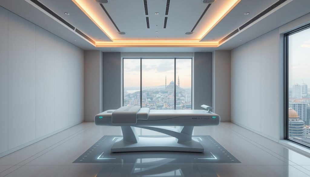 A modern, minimalist interior space with clean lines and a serene atmosphere. In the center, a high-tech massage table with sleek, futuristic design elements. Overhead, a soft, indirect lighting system casts a warm, ambient glow. The table is surrounded by discreetly placed sensors and scanners, subtly integrated into the environment. The walls feature a soothing, neutral color palette, with subtle geometric patterns. In the background, a large window offers a glimpse of the vibrant cityscape of Istanbul, creating a sense of tranquility amidst the urban setting.