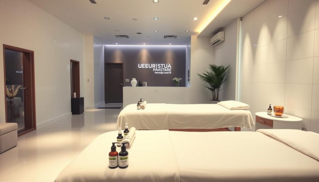 A pristine, well-lit massage parlor interior in Istanbul. Gleaming white tiles and spotless surfaces convey a sense of cleanliness and professionalism. Soft, diffused lighting creates a soothing atmosphere. Plush massage tables and carefully arranged essential oils and linens in the foreground. Subtle, elegant decor in the middle ground, with minimalist accents and natural elements. The background features discreet signage and a serene, calming ambiance, inviting visitors to relax and unwind in a secure, hygienic environment. A pristine, well-lit massage parlor interior in Istanbul. Gleaming white tiles and spotless surfaces convey a sense of cleanliness and professionalism. Soft, diffused lighting creates a soothing atmosphere. Plush massage tables and carefully arranged essential oils and linens in the foreground. Subtle, elegant decor in the middle ground, with minimalist accents and natural elements. The background features discreet signage and a serene, calming ambiance, inviting visitors to relax and unwind in a secure, hygienic environment.