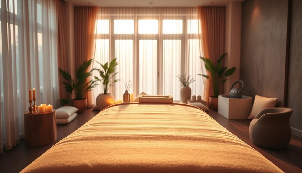 A serene and inviting wellness space designed for boutique massage experiences. In the foreground, a neatly arranged massage table adorned with soft, luxurious linens, bathed in warm, ambient light. Aromatherapy oils and candles create a calming atmosphere. In the middle ground, large windows allow natural sunlight to filter through sheer curtains, illuminating the room with a gentle glow. Potted plants and soft fabrics add a touch of nature and comfort. The background features a subtle water feature or indoor fountain, enhancing the tranquil ambiance with soothing sounds. The overall mood is peaceful and rejuvenating, perfect for illustrating the concept of structured wellness sessions, emphasizing timing, flexibility, and long-term wellness plans in a luxurious setting.