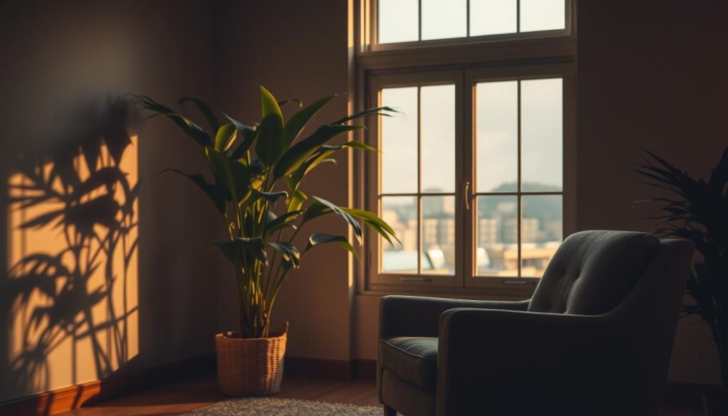 A serene, dimly lit room with warm, earthy tones. A comfortable armchair sits in the foreground, inviting the viewer to sink into a state of contemplation. The middle ground features a large, lush plant, its leaves gently swaying, symbolizing the interconnectedness of the physical and the mental. In the background, a window offers a glimpse of a tranquil, blurred cityscape, hinting at the contrast between the inner and outer worlds. The lighting is soft and diffused, creating a sense of introspection and emotional depth. The overall atmosphere evokes a sense of Gestalt, where the whole is greater than the sum of its parts, encouraging the viewer to experience a holistic, therapeutic journey.