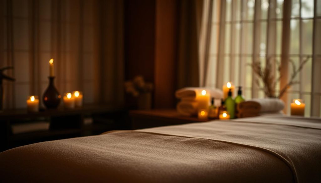 A serene, dimly lit spa setting with a plush massage table in the foreground. Soft, flickering candlelight illuminates the scene, casting warm shadows. A variety of massage oils, towels, and soothing aromatherapy elements are neatly arranged nearby, suggesting the tranquil preparation for a therapeutic massage session. The background features gentle, blurred foliage or natural elements, creating a calming, nature-inspired ambiance. The overall scene conveys a sense of relaxation, anticipation, and the holistic experience of a luxurious, boutique massage.
