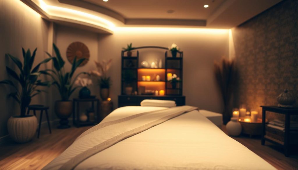 A serene massage parlor interior, dimly lit with warm, soft lighting casting a soothing atmosphere. In the foreground, a plush massage table draped in luxurious fabrics, inviting the viewer to experience the restorative power of touch. The middle ground features elegant décor elements like potted plants, candles, and ornate shelving, hinting at the tranquil ambiance. The background showcases a tranquil, spa-like setting, with muted colors and subtle patterns on the walls, conveying a sense of rejuvenation and healing. The overall scene evokes a holistic, mindful approach to wellness, where the physical and the spiritual intertwine.
