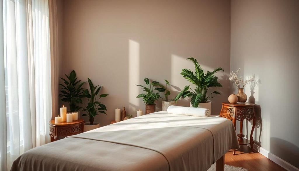 A serene massage studio nestled in the heart of Istanbul, where natural light filters through sheer curtains, casting a warm glow on the tranquil space. A plush massage table sits in the foreground, surrounded by an array of soothing aromatherapy candles and an ornate wooden side table. In the middle ground, a collection of lush indoor plants and a subtle, minimalist decor create a sense of calm and relaxation. The background features a muted, neutral color palette, allowing the focus to remain on the serene and inviting atmosphere of the studio. The lighting is soft and diffused, creating a cozy and intimate ambiance, perfect for a personalized, boutique-style massage experience.