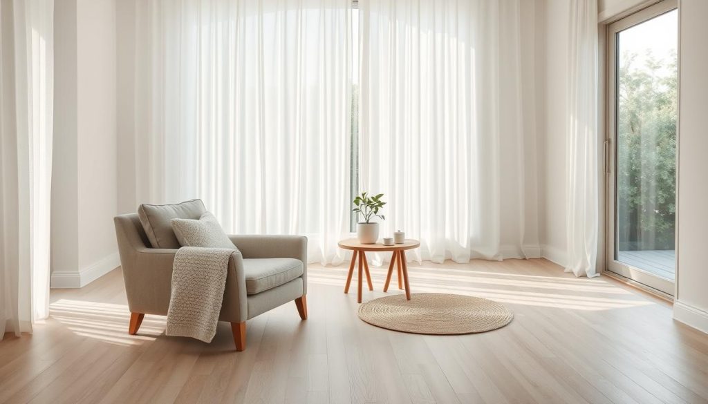 A serene, minimalist spa-like interior with soft, natural lighting filtering through sheer curtains. Bare wooden floors, white walls, and a small table with a single potted plant. A comfortable armchair invites relaxation, its clean lines and muted upholstery exuding a sense of tranquility. The space is uncluttered, allowing the mind to find peace and rejuvenation. Subtle textures, such as a woven rug or a knitted throw, add depth without distracting from the overall simplicity. An atmosphere of quiet elegance and mindful living, where the senses can truly unwind.