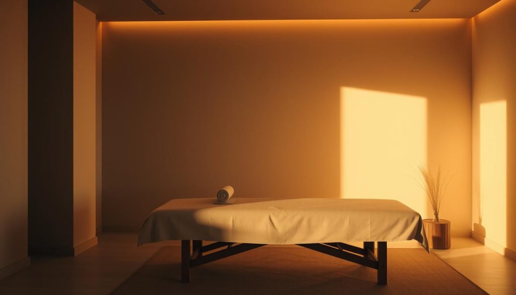 A serene, minimalist spa-like setting featuring a simple, elegant massage table in a dimly lit, warm-toned room. Soft, indirect lighting creates a calming ambiance, with subtle shadows and highlights accentuating the clean lines and natural textures of the space. The table is positioned centrally, with a plush, neutral-colored cushion inviting the viewer to imagine the soothing, therapeutic experience of a boutique massage. The background is a muted, harmonious palette, allowing the focal point of the massage table to take center stage, conveying a sense of tranquility, comfort, and the restorative power of a mindful, personalized treatment.