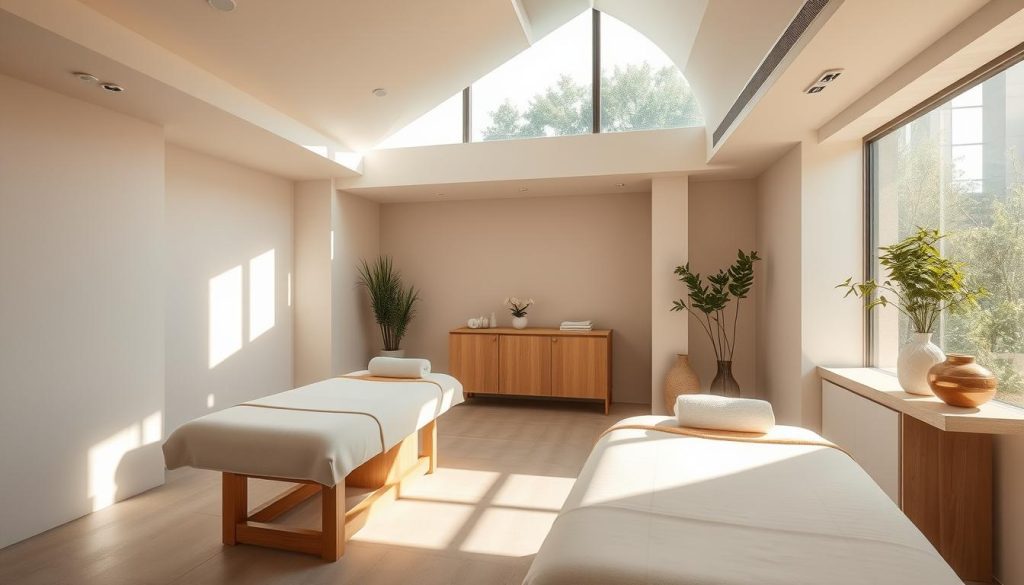 A serene, minimalist spa oasis nestled in the heart of Istanbul, featuring soft lighting, clean lines, and natural materials. The interior exudes a sense of tranquility, with plush massage tables and soothing tones inviting guests to indulge in a luxurious, personalized experience. The space is designed to evoke a feeling of understated elegance, creating an atmosphere of relaxation and rejuvenation. Sunlight filters through large windows, casting a warm glow throughout the intimate setting, while carefully curated decor and greenery add to the calming ambiance.