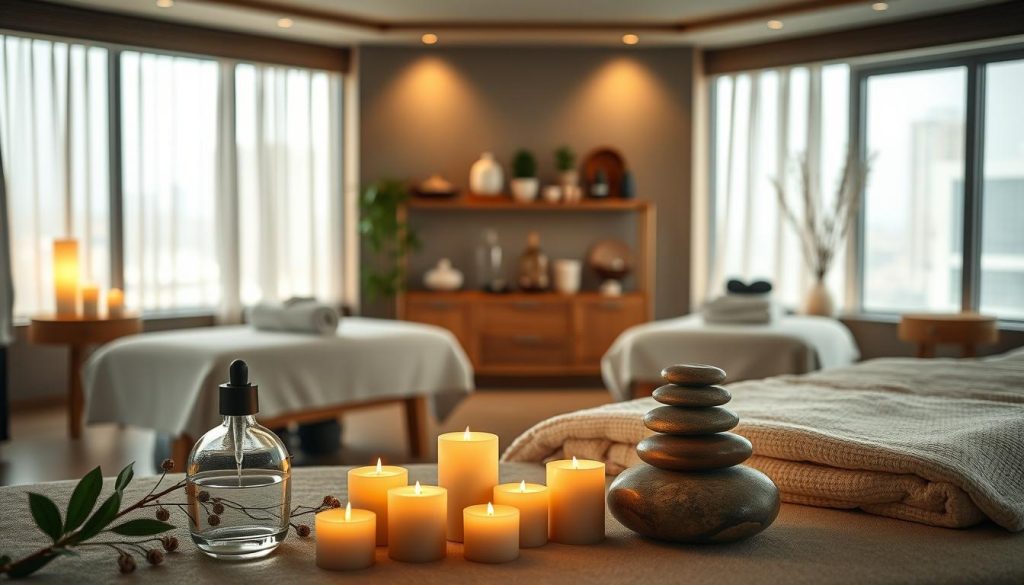 A serene spa room showcasing a variety of massage options, featuring an elegant aromatherapy setup with scented oils and soft candles in the foreground. In the middle ground, there are massage tables adorned with plush towels and tranquil decor, creating a calming atmosphere. The background features soft ambient lighting, with large windows allowing natural light to filter in, highlighting the peaceful environment. A selection of essential oils, stones, and herbs arranged aesthetically on a wooden shelf adds to the holistic theme. The overall mood is one of relaxation and tranquility, inviting the viewer to experience a moment of calm amidst the bustling city life. A serene spa room showcasing a variety of massage options, featuring an elegant aromatherapy setup with scented oils and soft candles in the foreground. In the middle ground, there are massage tables adorned with plush towels and tranquil decor, creating a calming atmosphere. The background features soft ambient lighting, with large windows allowing natural light to filter in, highlighting the peaceful environment. A selection of essential oils, stones, and herbs arranged aesthetically on a wooden shelf adds to the holistic theme. The overall mood is one of relaxation and tranquility, inviting the viewer to experience a moment of calm amidst the bustling city life.