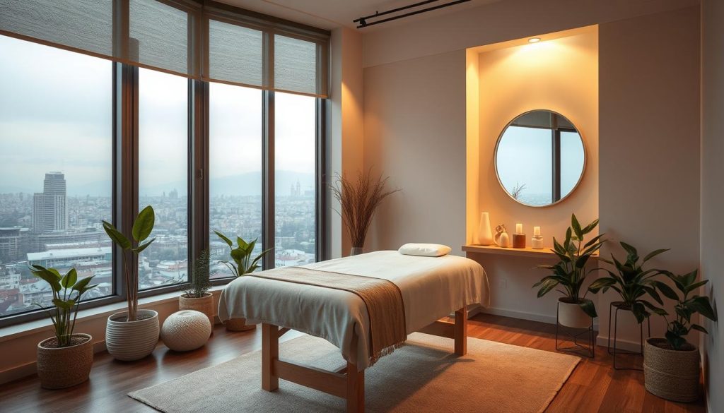 A serene urban oasis amidst the bustling streets of Istanbul, a cozy boutique massage studio offers a sanctuary of tranquility. Soft lighting casts a warm glow over the minimalist, yet inviting interior, adorned with natural textures and soothing hues. A plush massage table takes center stage, beckoning the weary city dweller to surrender to the expert hands of the masseuse. Lush potted plants and subtle aromatherapy elements enhance the overall sense of escape, while large windows offer a glimpse of the city's iconic skyline, providing a calming juxtaposition between the chaos outside and the peace within.
