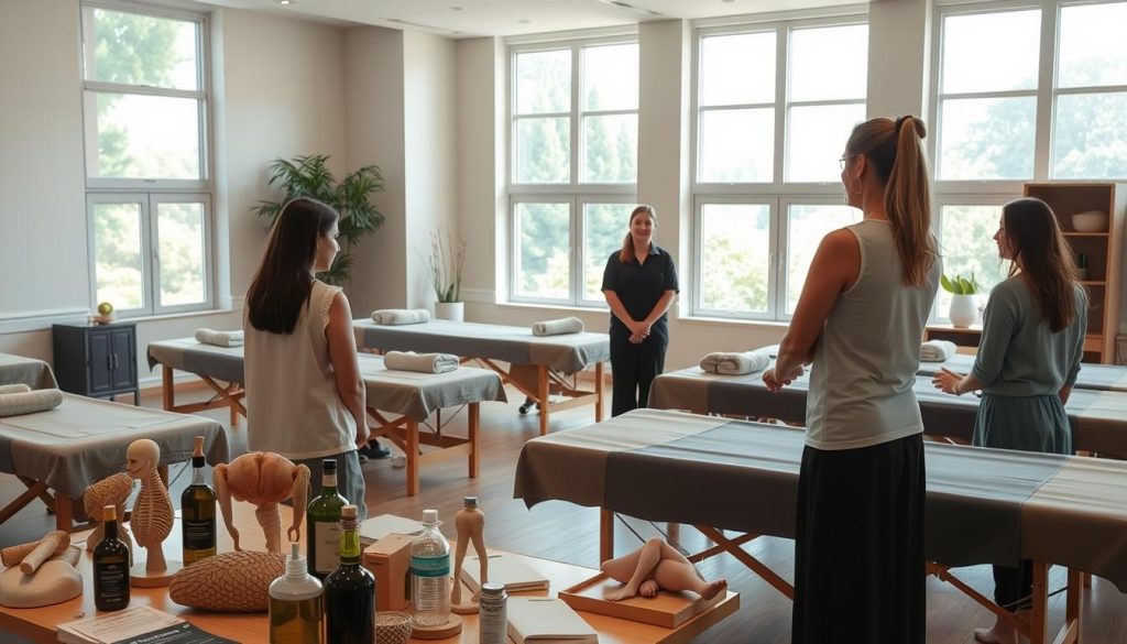 A serene, well-lit classroom setting with an array of massage tables and holistic therapy equipment. The room is bathed in warm, natural light filtering through large windows, creating a calming ambiance. In the foreground, a group of students attentively observe a skilled instructor demonstrating proper massage techniques on a model. The middle ground features an assortment of anatomical models, massage oils, and other educational materials, conveying the comprehensive nature of the training. The background showcases the tranquil setting, perhaps with a view of lush greenery or a calming water feature, reinforcing the soothing atmosphere of the massage education center.