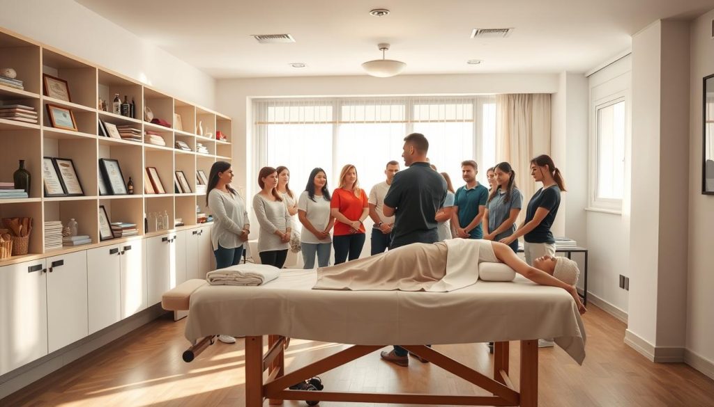 A spacious, well-lit classroom setting. Shelves lining the walls display various massage tools and certificates. In the foreground, a massage table stands, with neatly folded towels and oils nearby. Soft, natural lighting filters through large windows, casting a warm, serene ambiance. In the middle ground, a group of students intently watch as an experienced instructor demonstrates proper massage techniques on a model. The atmosphere conveys a sense of focus, education, and the pursuit of mastery in the art of massage therapy. The overall scene captures the essence of a professional massage training program in the vibrant city of Istanbul.