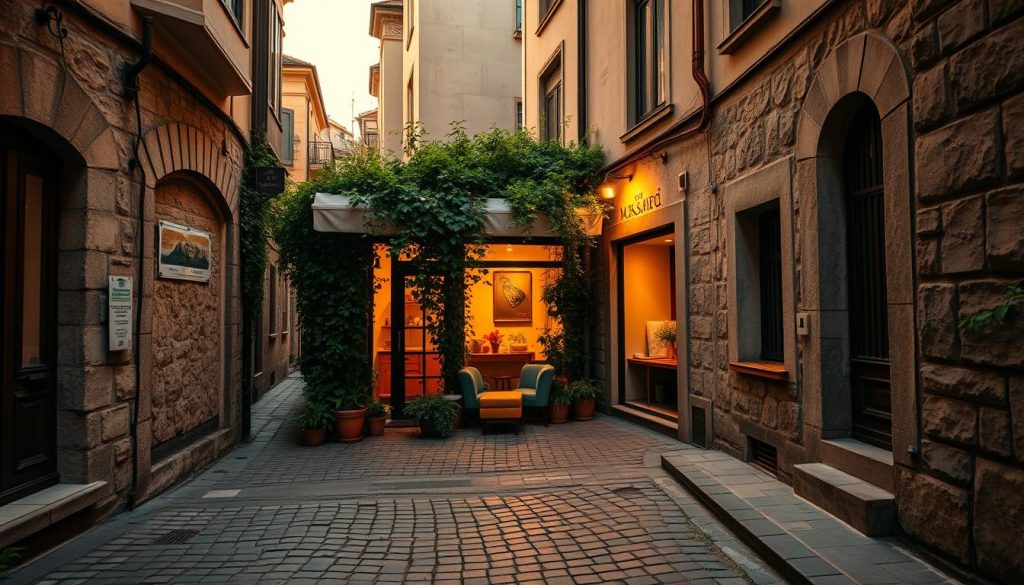 A tranquil Istanbul street at dusk, bathed in warm, golden light. Cobblestones and ancient stone walls create a sense of timelessness. A small, cozy massage studio nestled between the buildings, its facade adorned with lush greenery. Through the windows, a glimpse of the therapist's hands gently guiding the client into a state of profound relaxation, their movements flowing with the rhythm of the city. The air is filled with the subtle scents of essential oils and the faint sound of soothing music. A serene, sensorial experience that captures the intuitive essence of Istanbul's ancient healing traditions.