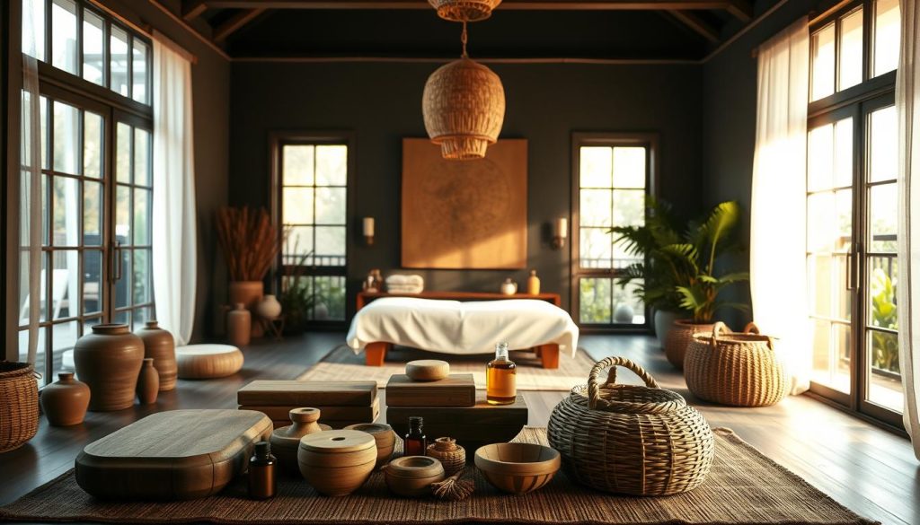 A tranquil, dimly lit studio filled with the warm glow of natural light filtering through large windows. In the foreground, a collection of traditional Anatolian healing tools and treatments, including carved wooden massage blocks, aromatic oils, and woven baskets. The middle ground showcases a serene, minimalist space with muted colors and textures, hinting at the restorative practices of Turkish bodywork traditions. In the background, glimpses of lush greenery and soothing natural elements, creating a calming, spa-like atmosphere. The overall mood is one of timeless, holistic wellness, reflecting the deep-rooted heritage and philosophy of Anadolu beden terapileri.