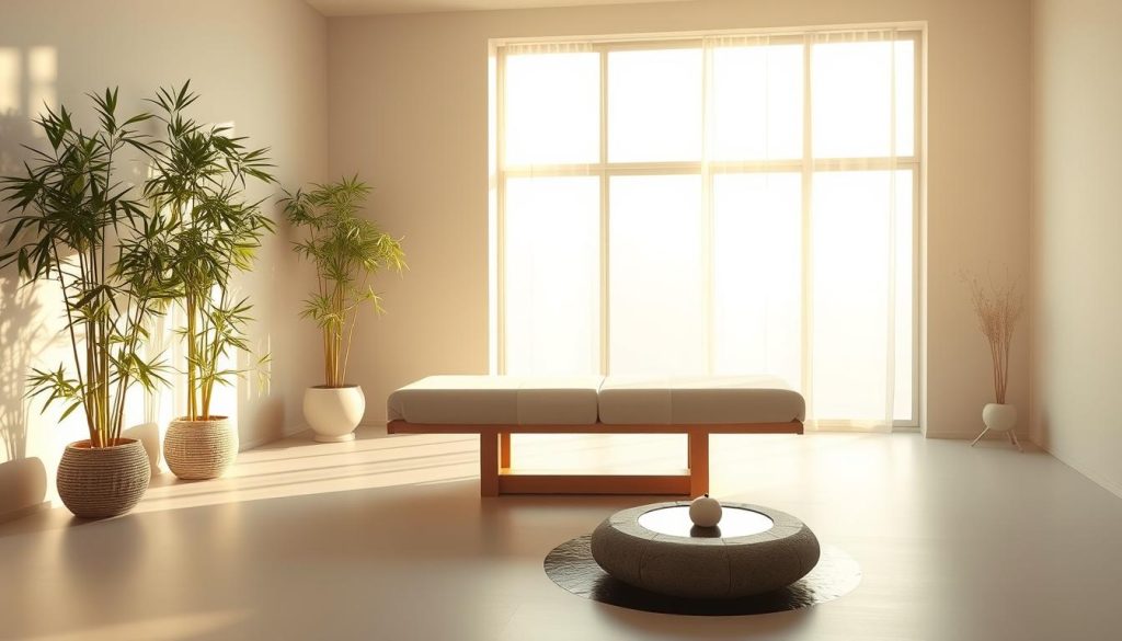 A tranquil, minimalist meditation studio in Istanbul. Soft natural lighting filters through large windows, casting a warm glow on the clean, uncluttered interior. A single, elegant massage table sits at the center, surrounded by bamboo plants and a stone water feature that emits a soothing ambient sound. The atmosphere is one of profound calm and rejuvenation, inviting the visitor to surrender to a profound energy cleansing and mental purification.