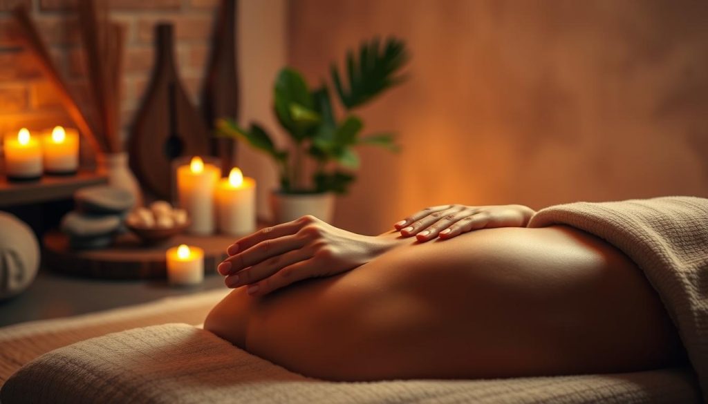 A tranquil scene of a serene massage therapy session, set in a cozy and dimly lit room. Warm, soft lighting casts a soothing glow, creating an atmosphere of relaxation. In the foreground, delicate hands expertly knead tense muscles, releasing built-up stress. The middle ground features calming elements such as natural stone, wood, and lush greenery, while the background showcases a muted, abstract backdrop that further enhances the sense of peace and tranquility. The overall composition evokes a harmonious, spa-like ambiance, inviting the viewer to immerse themselves in the restorative power of this therapeutic massage experience. A tranquil scene of a serene massage therapy session, set in a cozy and dimly lit room. Warm, soft lighting casts a soothing glow, creating an atmosphere of relaxation. In the foreground, delicate hands expertly knead tense muscles, releasing built-up stress. The middle ground features calming elements such as natural stone, wood, and lush greenery, while the background showcases a muted, abstract backdrop that further enhances the sense of peace and tranquility. The overall composition evokes a harmonious, spa-like ambiance, inviting the viewer to immerse themselves in the restorative power of this therapeutic massage experience.