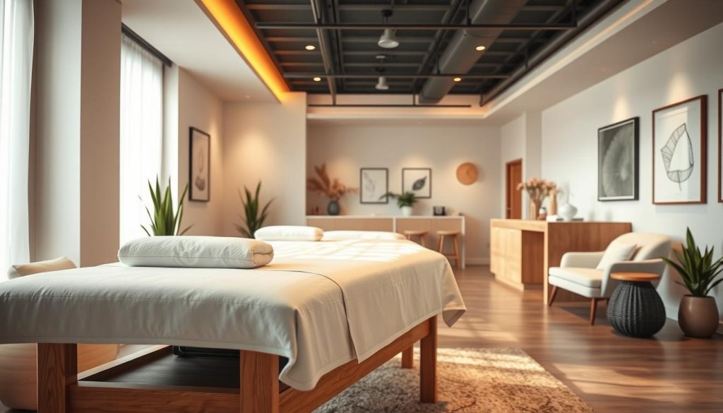 A well-lit, spacious and modern masaj salonu (massage parlor) interior with a serene, calming atmosphere. The foreground features a sleek, wooden massage table with crisp white linens and plush pillows. Warm, indirect lighting creates a soothing ambiance, while the middle ground showcases elegant decor elements like potted plants and minimalist artwork on the walls. The background reveals a reception area with a minimalist, Scandinavian-inspired design and large windows allowing natural daylight to filter in, giving the space an airy, tranquil feel. The overall composition conveys a professional, licensed massage establishment ready to welcome and relax its clientele.