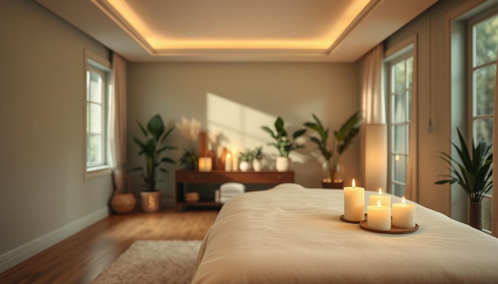 An elegant and serene therapy room designed for massage and mental wellness, featuring a soft, inviting color palette of muted greens and warm neutrals. In the foreground, a massage table is neatly prepared with lush, comfortable linens and aromatic candles flickering. The middle ground showcases tasteful decor, including plants and gentle lighting, creating a peaceful ambiance. In the background, large windows invite natural light, draping soft shadows across the space. The atmosphere is calm and professional, ideal for therapeutic sessions. The lighting is soft and warm, enhancing the feeling of relaxation. A well-organized area, reflecting both luxury and a focus on wellness and safety in therapist selection.