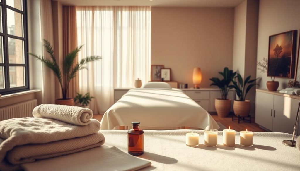A calming scene featuring a stylish, modern massage room designed for back therapy, with a professional massage table in the center. Soft, warm lighting filters in from large windows, casting gentle shadows that create a tranquil atmosphere. In the foreground, there are plush towels, soothing oils, and a neatly arranged array of aromatherapy candles. The middle ground showcases the massage table dressed in crisp white linens, surrounded by soothing decor elements such as potted plants and calming artwork on the walls. The background includes soft beige walls and subtle earth tones, enhancing the serene environment. The overall mood of the image is peaceful and inviting, emphasizing relaxation and rejuvenation in a luxurious setting, perfect for back, neck, and head-focused massage therapies.