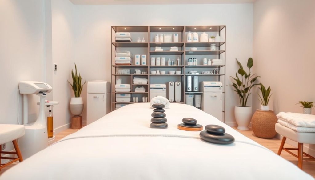 A clean and sterile massage therapy room, featuring an array of well-organized sterilized massage equipment. In the foreground, a neatly arranged massage table with fresh, pristine linens, surrounded by various massage tools such as aromatherapy oils, smooth stones, and soft towels, all appearing sanitized and orderly. The middle ground showcases a modern shelving unit displaying additional sterilization equipment and health safety supplies, emphasizing hygiene. In the background, soft, ambient lighting creates a calming atmosphere, with light-colored walls and serene decorations like potted plants contributing to a tranquil mood. The angle is slightly elevated, giving a comprehensive view of the room's cleanliness and organized setup, reflecting a commitment to hygiene and safety in massage therapy services.