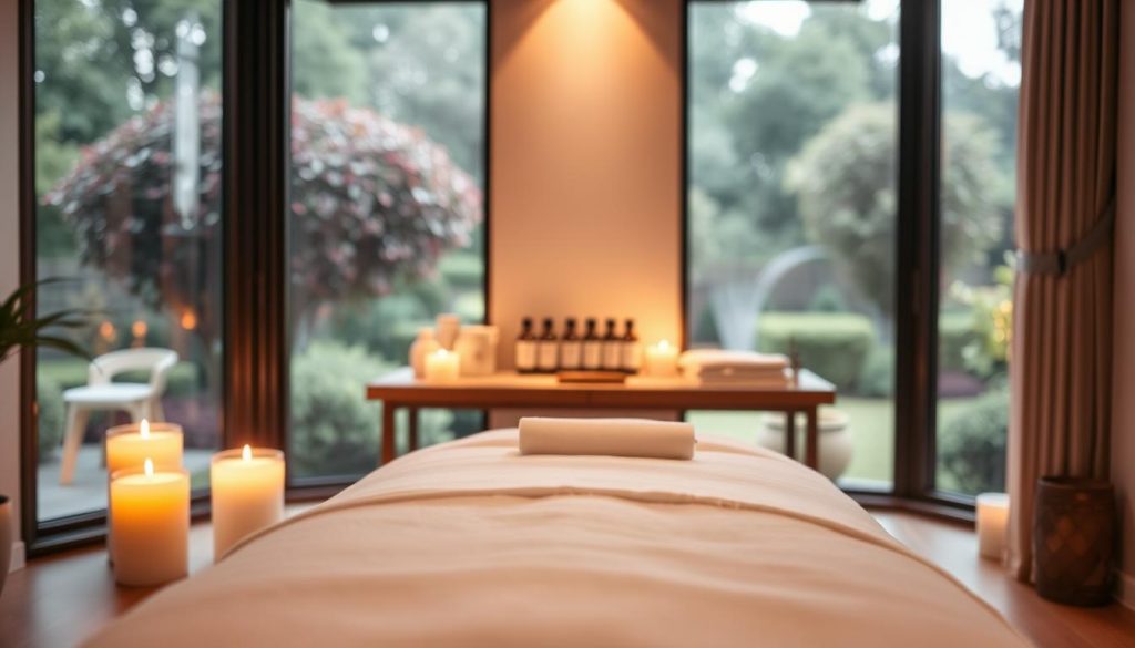 A serene and elegant massage room designed for personalized therapy, featuring soft ambient lighting that creates a tranquil atmosphere. In the foreground, a plush massage table is adorned with crisp, clean linens and soothing aromatherapy candles. The middle ground showcases a selection of essential oils and professional massage tools arranged neatly on a wooden shelf, emphasizing the attention to detail and hygiene. In the background, large windows reveal a peaceful view of a lush outdoor garden, softly blurred to enhance the atmosphere of calm and relaxation. The overall mood is peaceful and rejuvenating, inviting viewers to imagine a bespoke massage experience tailored to individual needs, without any human subjects present. A serene and elegant massage room designed for personalized therapy, featuring soft ambient lighting that creates a tranquil atmosphere. In the foreground, a plush massage table is adorned with crisp, clean linens and soothing aromatherapy candles. The middle ground showcases a selection of essential oils and professional massage tools arranged neatly on a wooden shelf, emphasizing the attention to detail and hygiene. In the background, large windows reveal a peaceful view of a lush outdoor garden, softly blurred to enhance the atmosphere of calm and relaxation. The overall mood is peaceful and rejuvenating, inviting viewers to imagine a bespoke massage experience tailored to individual needs, without any human subjects present.