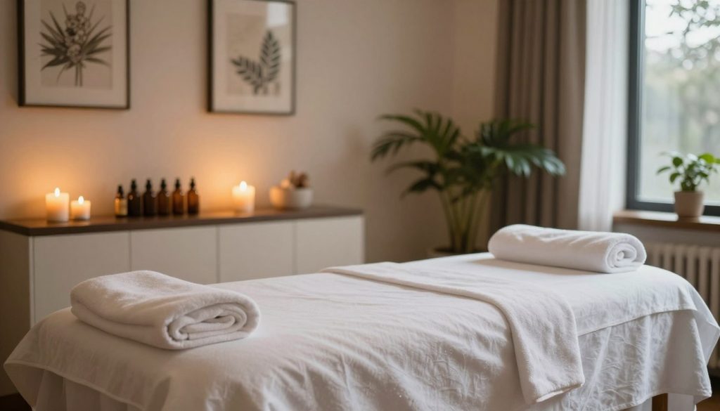 A serene and inviting massage room interior in Istanbul, featuring soft ambient lighting that creates a warm and relaxing atmosphere. In the foreground, a beautifully arranged massage table with fluffy white linens and soothing soft towels folded neatly at the end. The middle of the image showcases elegant decor, such as aromatic candles, essential oil bottles, and calming artwork on the walls. In the background, a subtle glimpse of lush green plants and a large window allowing natural light to filter in, enhancing the tranquility of the space. The overall mood is peaceful and rejuvenating, inspiring a sense of wellbeing and relaxation. The image should capture the essence of a professional massage experience, free of any human figures or distracting elements. A serene and inviting massage room interior in Istanbul, featuring soft ambient lighting that creates a warm and relaxing atmosphere. In the foreground, a beautifully arranged massage table with fluffy white linens and soothing soft towels folded neatly at the end. The middle of the image showcases elegant decor, such as aromatic candles, essential oil bottles, and calming artwork on the walls. In the background, a subtle glimpse of lush green plants and a large window allowing natural light to filter in, enhancing the tranquility of the space. The overall mood is peaceful and rejuvenating, inspiring a sense of wellbeing and relaxation. The image should capture the essence of a professional massage experience, free of any human figures or distracting elements.