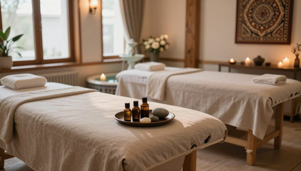 A serene and inviting massage therapy room in Istanbul, featuring plush massage tables draped in soft, neutral-toned linens. In the foreground, a neatly arranged tray with essential oils and natural stones, emanating a sense of tranquility. The middle ground showcases a calming water fountain with delicate floral arrangements and flickering candles that enhance the peaceful atmosphere. In the background, large windows allow natural light to flood the space, illuminating wooden accents and tranquil art depicting traditional Turkish motifs. The lighting is warm and soft, casting gentle shadows that add depth and intimacy to the scene, creating an overall mood of relaxation and rejuvenation.
