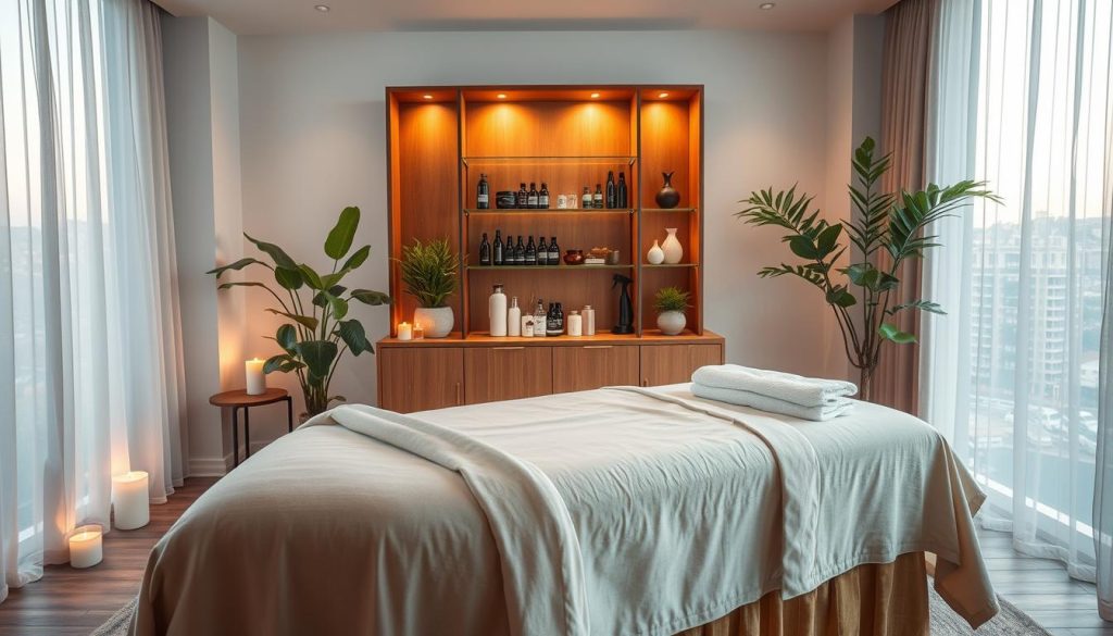 A serene and inviting massage therapy room in Istanbul showcases the essence of urban relaxation. The foreground features a beautifully arranged massage table draped with soft, neutral-colored linens, surrounded by candles and aromatic oils, creating a tranquil atmosphere. In the middle ground, a sleek wooden cabinet displays various massage tools and essential oils, while lush green plants add a touch of nature and vitality. The background reveals a large window with soft, natural light filtering through sheer curtains, providing a glimpse of the vibrant city outside. The overall mood is calm and peaceful, with warm lighting accentuating the cozy and welcoming environment of a professional massage therapy setting.