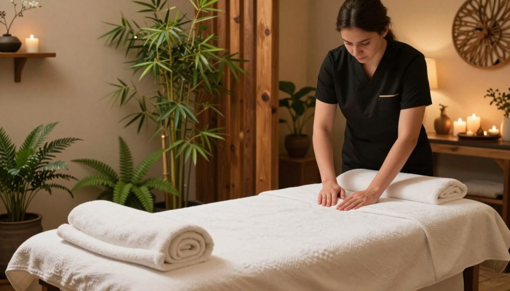 A serene and inviting spa environment designed to evoke relaxation and tranquility, capturing the essence of a massage and spa guide in Istanbul. In the foreground, a luxuriously arranged massage table adorned with fluffy white towels and aromatic candles, gently glowing. In the middle ground, soft green plants like bamboo and ferns enhance the calming atmosphere, while a rustic wooden partition subtly divides a treatment area. The background features a softly lit room with warm, ambient lighting, showcasing soothing decor with earth tones. The overall mood is peaceful, suggesting a sense of escape and rejuvenation, perfect for a spa experience in Istanbul. A serene and inviting spa environment designed to evoke relaxation and tranquility, capturing the essence of a massage and spa guide in Istanbul. In the foreground, a luxuriously arranged massage table adorned with fluffy white towels and aromatic candles, gently glowing. In the middle ground, soft green plants like bamboo and ferns enhance the calming atmosphere, while a rustic wooden partition subtly divides a treatment area. The background features a softly lit room with warm, ambient lighting, showcasing soothing decor with earth tones. The overall mood is peaceful, suggesting a sense of escape and rejuvenation, perfect for a spa experience in Istanbul.