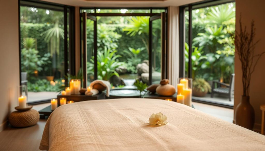 A serene and luxurious spa setting in Ataşehir, Istanbul, featuring a tranquil treatment room adorned with natural elements. In the foreground, a plush massage table draped with soft white linens, surrounded by glowing candles and delicate flowers. In the middle ground, a calming water feature gently cascading, adding to the atmosphere of relaxation. The background showcases large windows that open to a lush, green garden, allowing soft natural light to filter in and illuminate the space. The overall mood is peaceful and rejuvenating, ideal for a personalized spa experience with expert therapists. The colors should be soothing earth tones, emphasizing tranquility and comfort. The scene should evoke a sense of calm and well-being, perfect for unwinding from the stresses of city life. A serene and luxurious spa setting in Ataşehir, Istanbul, featuring a tranquil treatment room adorned with natural elements. In the foreground, a plush massage table draped with soft white linens, surrounded by glowing candles and delicate flowers. In the middle ground, a calming water feature gently cascading, adding to the atmosphere of relaxation. The background showcases large windows that open to a lush, green garden, allowing soft natural light to filter in and illuminate the space. The overall mood is peaceful and rejuvenating, ideal for a personalized spa experience with expert therapists. The colors should be soothing earth tones, emphasizing tranquility and comfort. The scene should evoke a sense of calm and well-being, perfect for unwinding from the stresses of city life.