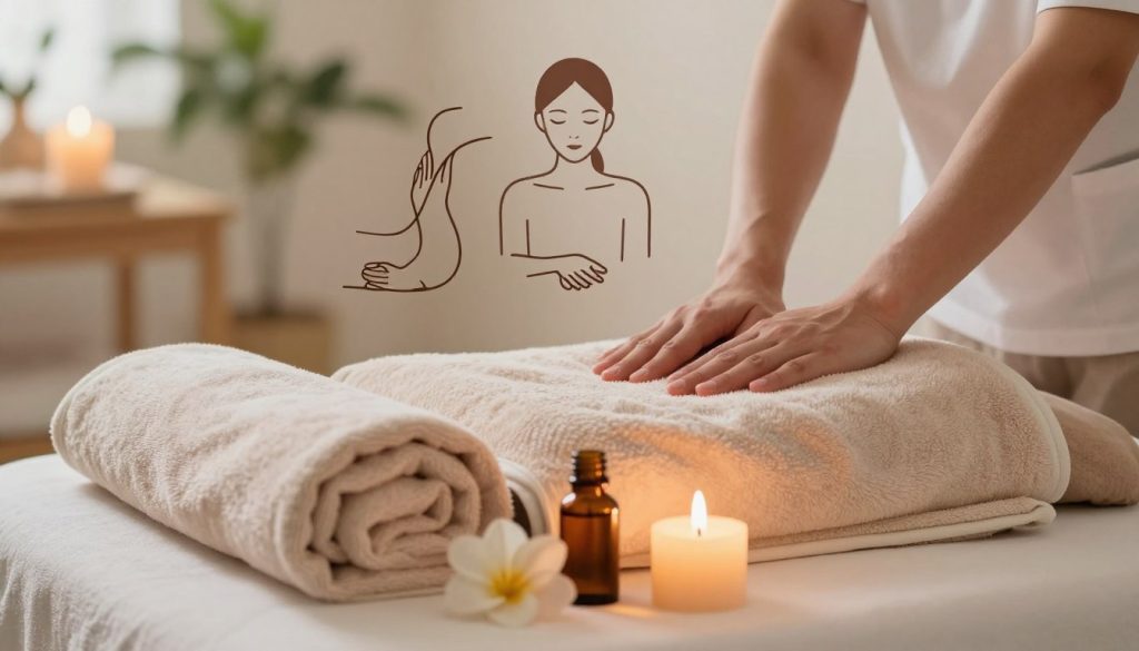 A serene aromatherapy massage setting, with a plush massage table adorned with soft, pastel-colored towels and essential oils displayed in elegant amber bottles. In the foreground, a gently lit, fragrant candle casts a warm glow, while delicate flowers enhance the tranquil atmosphere. In the middle, an abstract representation of various massage techniques, illustrated through artistic lines and curves, hinting at relaxation and healing. The background features a calming indoor environment with soft-focus greenery and soothing colors, promoting a sense of wellness. Use soft, diffused lighting to create a peaceful and inviting mood, reminiscent of a professional therapeutic space. The image is to evoke feelings of serenity and holistic well-being, perfect for showcasing massage techniques and their benefits.