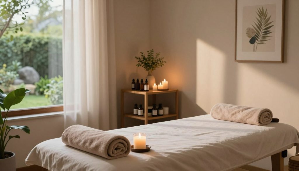 A serene massage therapy room, showcasing a calming atmosphere. In the foreground, a treatment table is elegantly set with soft towels and aromatic candles. The middle ground features a neatly organized shelf with various massage oils and essential oils, emphasizing a range of professional therapeutic options. Soft, natural lighting filters through sheer curtains, casting gentle shadows, while soothing decor elements like indoor plants and calming artwork adorn the walls, enhancing the tranquility of the space. In the background, a large window offers a glimpse of a peaceful garden, allowing for a harmonious connection to nature. The overall mood is soothing, inviting, and ready for a transformative relaxation experience.