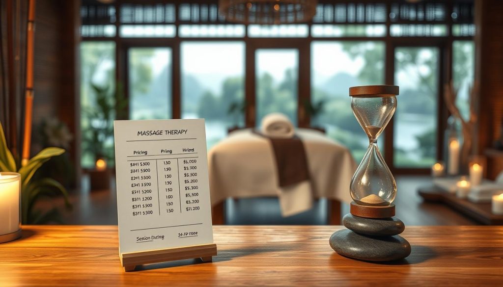 A serene spa environment focused on massage therapy pricing and session durations. In the foreground, an elegant wooden table displaying a clear pricing chart and hourglass, symbolizing transparency. Soft, warm lighting creates a welcoming atmosphere, highlighting the textures of natural materials like bamboo and stone. In the middle, a peaceful massage room featuring a massage table draped in luxurious linen, with calming decor such as scented candles and plants. The background showcases soft, blurred images of tranquil nature scenes through large windows, infusing the space with a sense of serenity. The overall mood is calm and inviting, emphasizing comfort and accessibility in personal wellness therapies.