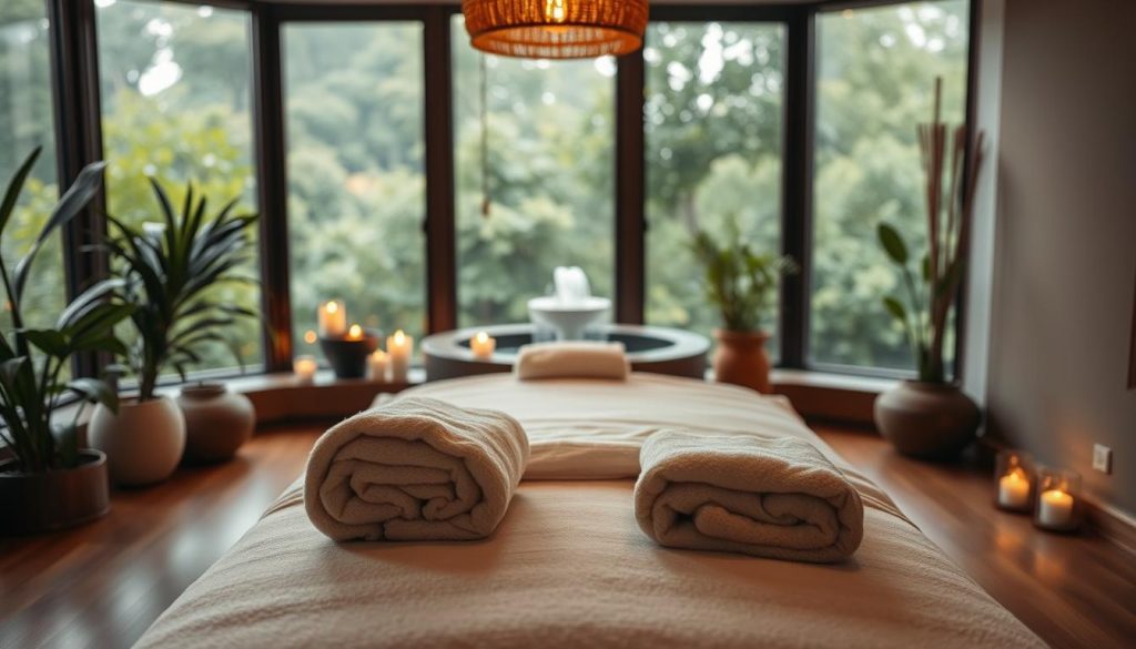 A serene spa environment in Istanbul featuring a tranquil massage therapy room. In the foreground, an elegant wooden massage table adorned with soft, fluffy towels and aromatic essential oils. The middle ground showcases calming elements like gently flickering candles and a small indoor fountain, creating a soothing ambiance. The background includes large windows allowing soft, natural light to flood the room, revealing the lush greenery of Istanbul's landscape outside. The color palette is warm and inviting with earthy tones to convey relaxation and rejuvenation. The atmosphere is peaceful, inviting viewers to imagine the healing benefits of massage therapy for health, mindfulness, and quality of life amidst the beauty of Istanbul.