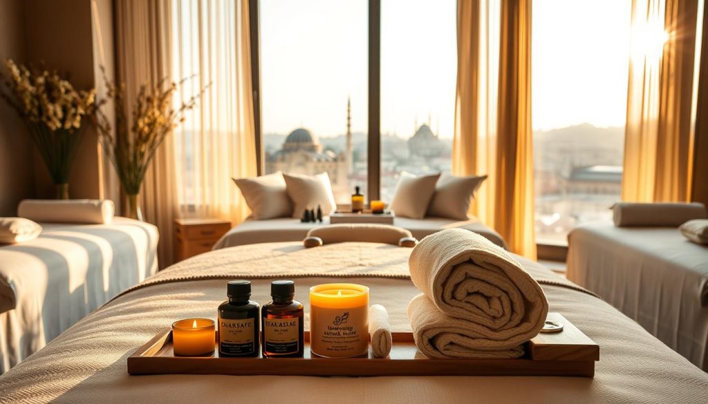 A serene spa environment in Istanbul showcasing the most popular massage types, including aromatherapy, Swedish, and deep tissue. In the foreground, display neatly arranged massage oils, candles, and soft towels on a beautifully designed massage table. The middle layer features an elegantly decorated treatment room with plush cushions and ambient lighting, creating a calming atmosphere. In the background, a window reveals the city skyline with historical architecture, hinting at Istanbul's rich culture. Soft golden light filters through sheer curtains, casting gentle shadows and enhancing the tranquil mood. The overall ambiance exudes relaxation and wellness, inviting the viewer to explore the benefits of these massage therapies.