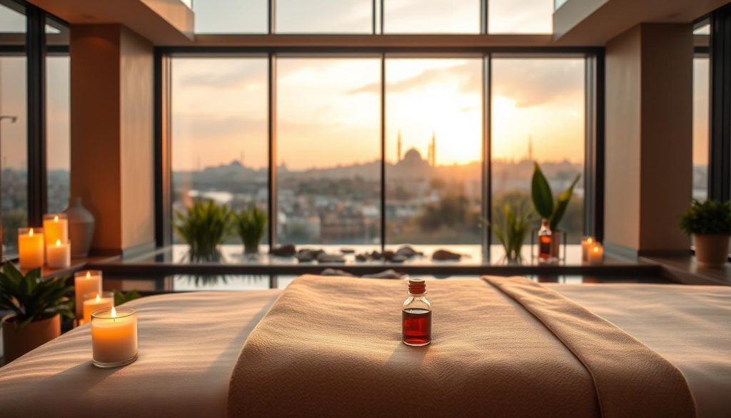 A serene spa environment set in a calming Istanbul backdrop. In the foreground, a beautifully arranged massage table with soft linens, aromatic candles flickering gently, and essential oils displayed in elegant glass bottles. The middle layer features a tranquil water feature with delicate stones and lush green plants, creating a peaceful atmosphere. In the background, large windows reveal a panoramic view of Istanbul's skyline, blending modern architecture with historical elements. The light is soft and warm, creating an inviting glow throughout the space. The mood is relaxing and rejuvenating, conveying a sense of escape from urban stress. A serene spa environment set in a calming Istanbul backdrop. In the foreground, a beautifully arranged massage table with soft linens, aromatic candles flickering gently, and essential oils displayed in elegant glass bottles. The middle layer features a tranquil water feature with delicate stones and lush green plants, creating a peaceful atmosphere. In the background, large windows reveal a panoramic view of Istanbul's skyline, blending modern architecture with historical elements. The light is soft and warm, creating an inviting glow throughout the space. The mood is relaxing and rejuvenating, conveying a sense of escape from urban stress.