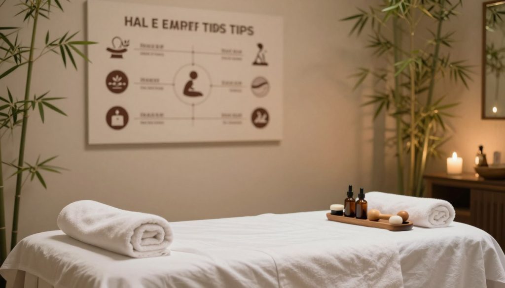 A serene spa environment showcasing essential massage security tips. In the foreground, display a tranquil massage table adorned with clean, crisp linens. Surrounding the table, showcase carefully arranged items including a soft towel, aromatic oils, and a professional massage tool set. In the middle ground, a wall features a visually appealing chart or infographic with icons illustrating safe practices for choosing a masseuse and pricing tips, while maintaining a blurred soft-focus effect for a calm atmosphere. The background is softly lit, with bamboo plants and dimmed lights creating a relaxing ambiance, evoking a sense of peace and professionalism. Emphasize warm, natural colors and a soft, inviting glow, enhancing the mood of security and trust in a massage setting. A serene spa environment showcasing essential massage security tips. In the foreground, display a tranquil massage table adorned with clean, crisp linens. Surrounding the table, showcase carefully arranged items including a soft towel, aromatic oils, and a professional massage tool set. In the middle ground, a wall features a visually appealing chart or infographic with icons illustrating safe practices for choosing a masseuse and pricing tips, while maintaining a blurred soft-focus effect for a calm atmosphere. The background is softly lit, with bamboo plants and dimmed lights creating a relaxing ambiance, evoking a sense of peace and professionalism. Emphasize warm, natural colors and a soft, inviting glow, enhancing the mood of security and trust in a massage setting.