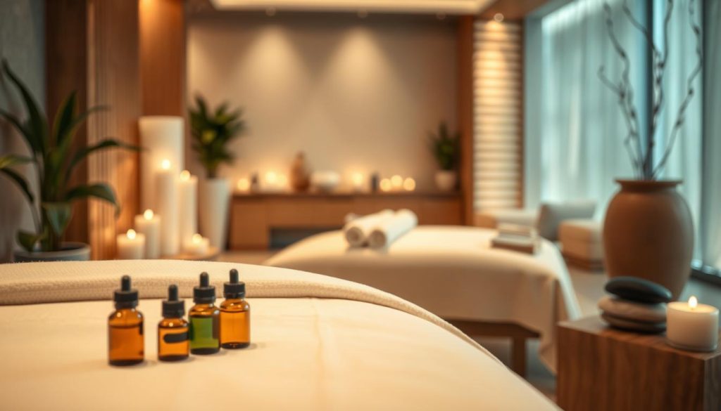 A serene spa environment showcasing various popular massage types found in İstanbul's massage sites. In the foreground, focus on a beautifully arranged massage table adorned with soft, inviting linens and essential oils, representing aromatherapy. In the middle ground, display a tranquil ambiance with surrounding elements like soothing candles, smooth stones, and delicate plants. The background features a softly lit, modern spa room with warm wooden accents and ambient lighting that creates a calming atmosphere. Emphasize a sense of relaxation and wellness. Utilize soft, natural lighting to enhance the peaceful vibe, and incorporate a slightly blurred depth of field to draw attention to the details in the foreground and middle ground.